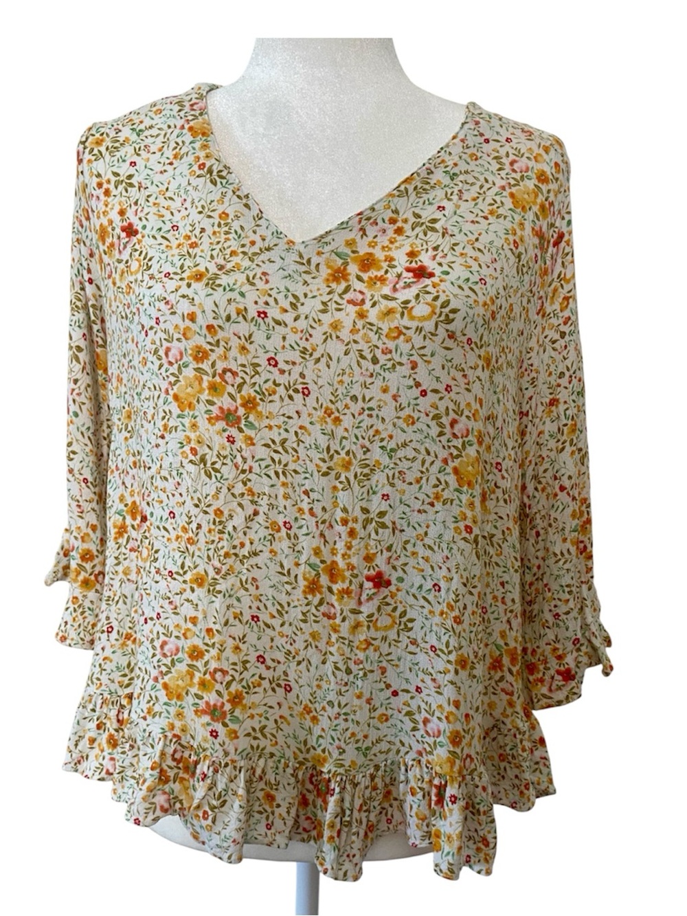 Rose & Thyme Floral Peplum Blouse Cottagecore Boho Ruffle Viscose Top M